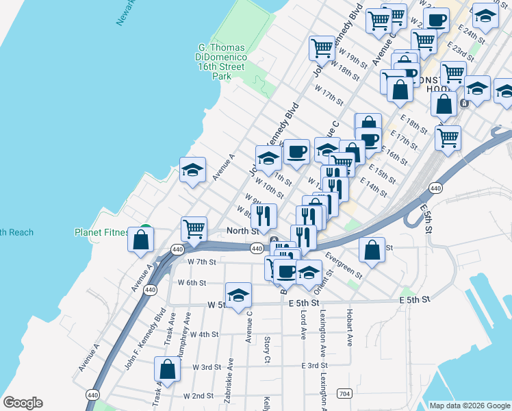 map of restaurants, bars, coffee shops, grocery stores, and more near 84 West 9th Street in Bayonne