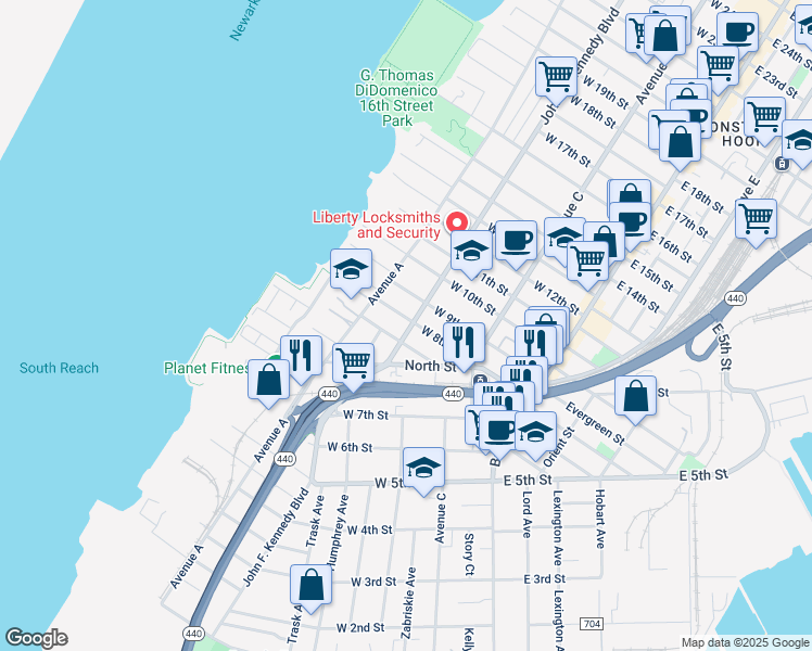 map of restaurants, bars, coffee shops, grocery stores, and more near in Bayonne