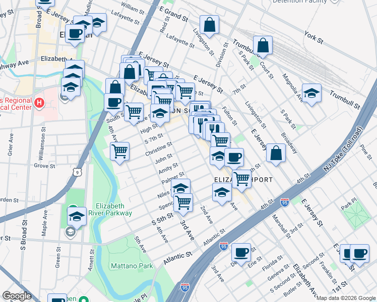 map of restaurants, bars, coffee shops, grocery stores, and more near 16 John Street in Elizabeth