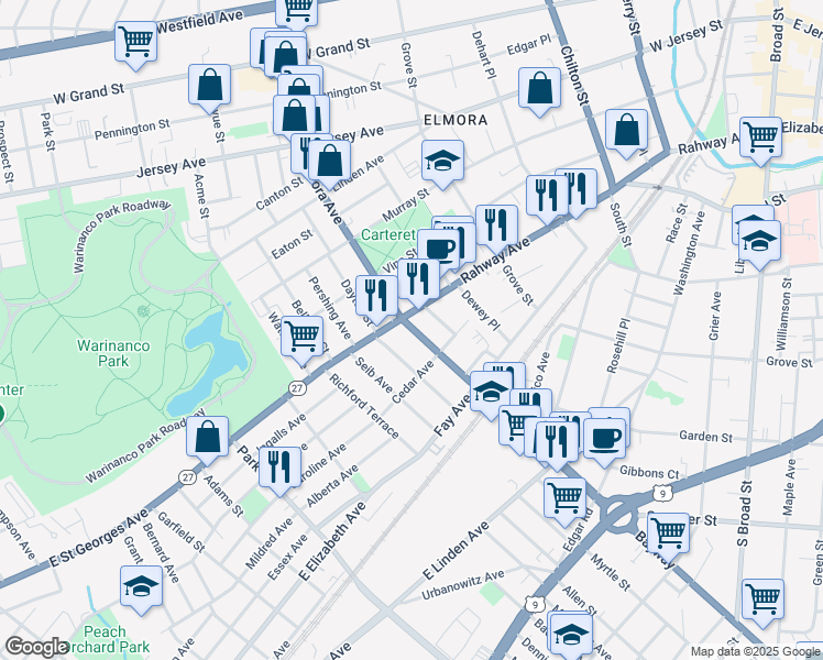 map of restaurants, bars, coffee shops, grocery stores, and more near in Elizabeth