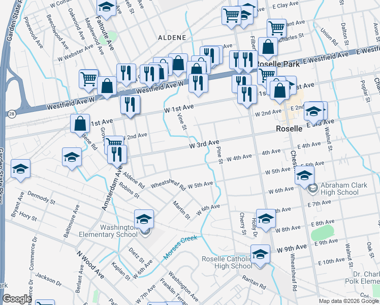 map of restaurants, bars, coffee shops, grocery stores, and more near 339 West 3rd Avenue in Roselle