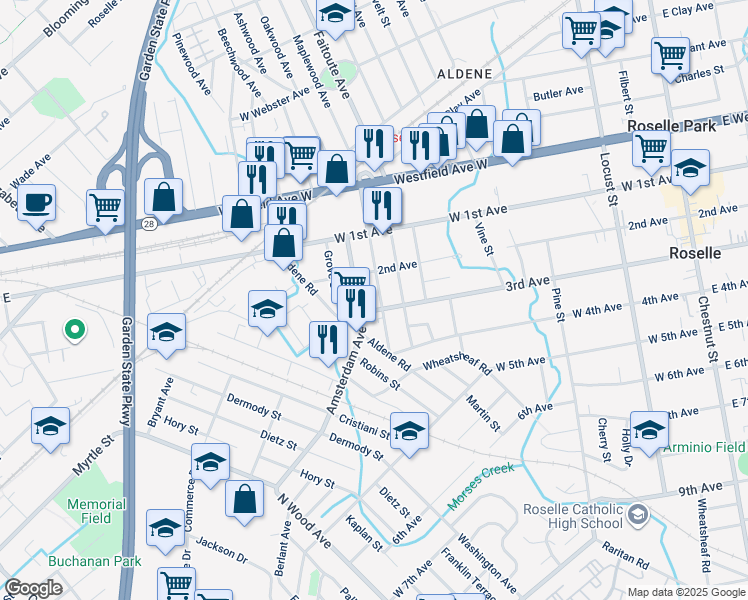 map of restaurants, bars, coffee shops, grocery stores, and more near 225 Amsterdam Avenue in Roselle