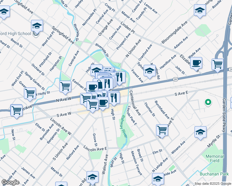 map of restaurants, bars, coffee shops, grocery stores, and more near in Cranford