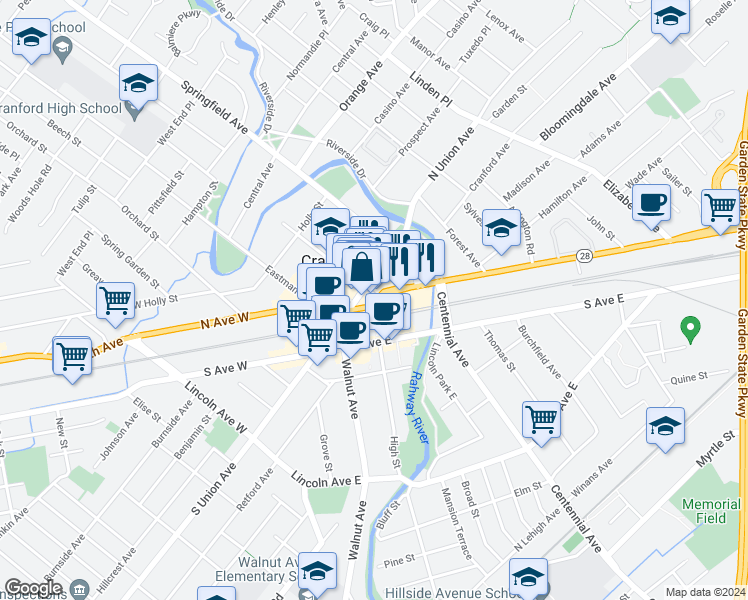 map of restaurants, bars, coffee shops, grocery stores, and more near in Cranford
