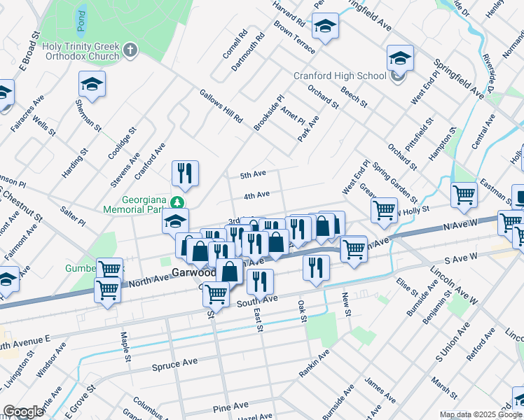 map of restaurants, bars, coffee shops, grocery stores, and more near 242 3rd Avenue in Garwood