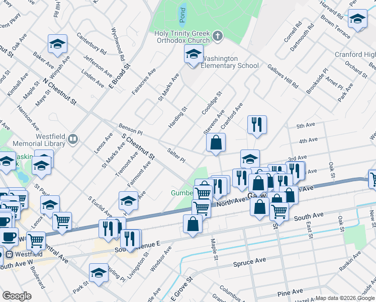 map of restaurants, bars, coffee shops, grocery stores, and more near 612 Benson Place in Westfield