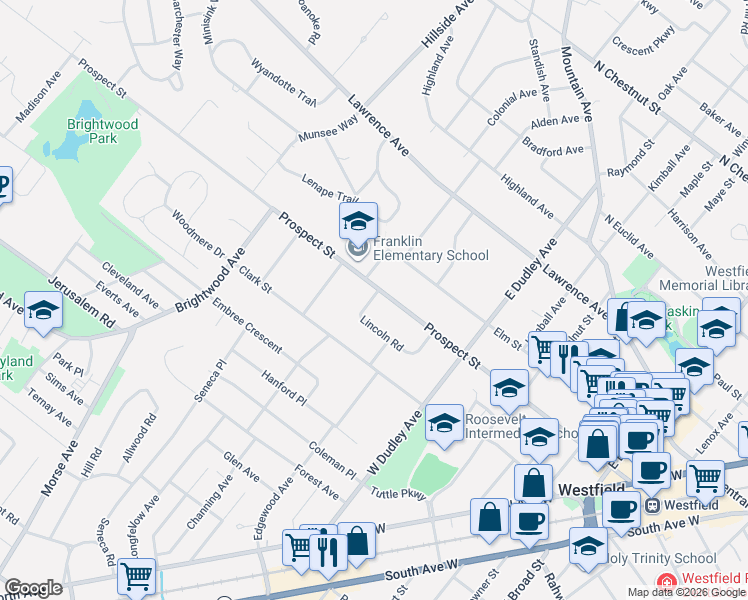 map of restaurants, bars, coffee shops, grocery stores, and more near 633 Prospect Street in Westfield