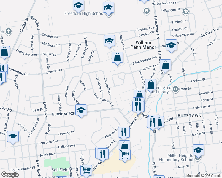 map of restaurants, bars, coffee shops, grocery stores, and more near 3000 Millstone Drive in Bethlehem