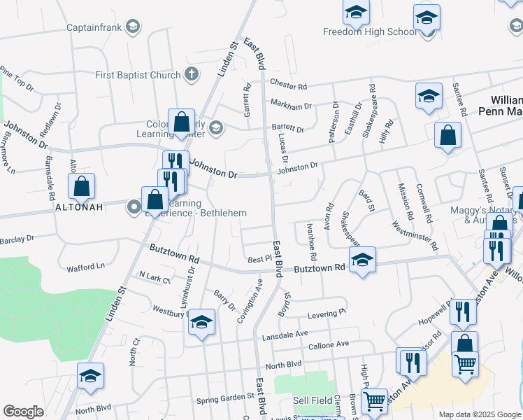 map of restaurants, bars, coffee shops, grocery stores, and more near 3005 East Boulevard in Bethlehem