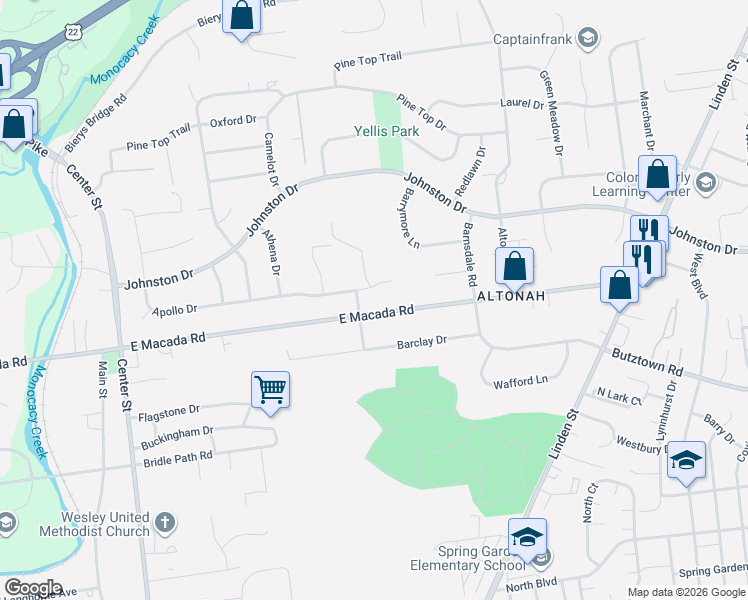 map of restaurants, bars, coffee shops, grocery stores, and more near 603 East Macada Road in Bethlehem