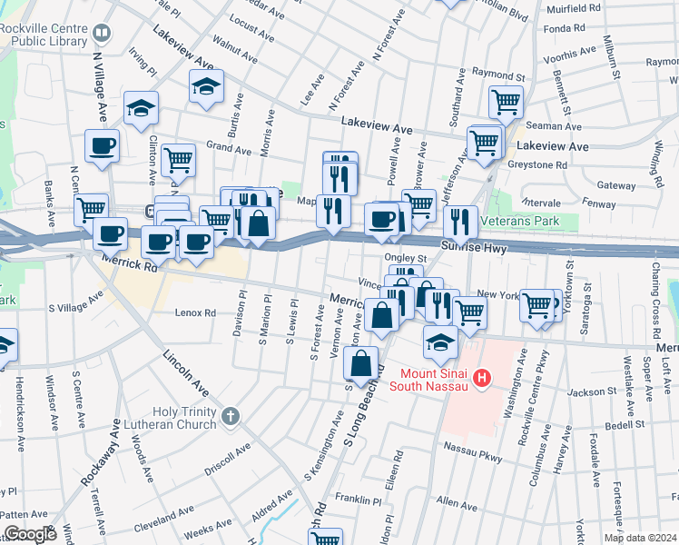 map of restaurants, bars, coffee shops, grocery stores, and more near 11 Vincent Street in Rockville Centre