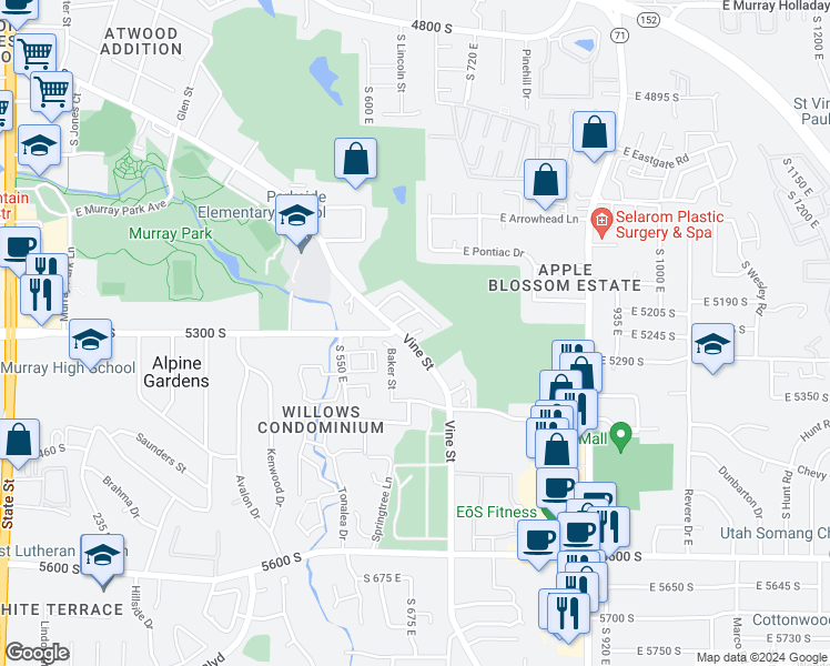 map of restaurants, bars, coffee shops, grocery stores, and more near Nikita Cove in Murray