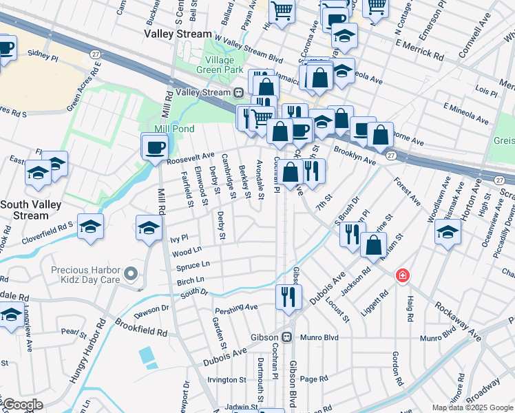 map of restaurants, bars, coffee shops, grocery stores, and more near 76 Avondale Street in Valley Stream