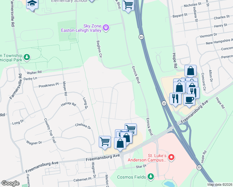 map of restaurants, bars, coffee shops, grocery stores, and more near 2391 Raya Way in Easton