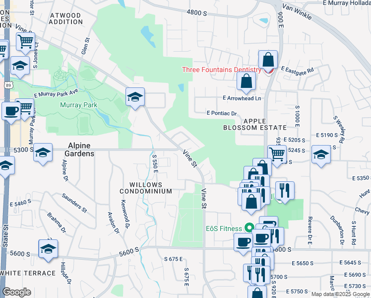 map of restaurants, bars, coffee shops, grocery stores, and more near 651 Nikita Cove in Murray