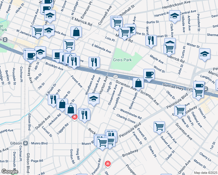 map of restaurants, bars, coffee shops, grocery stores, and more near 31 High Street in Valley Stream