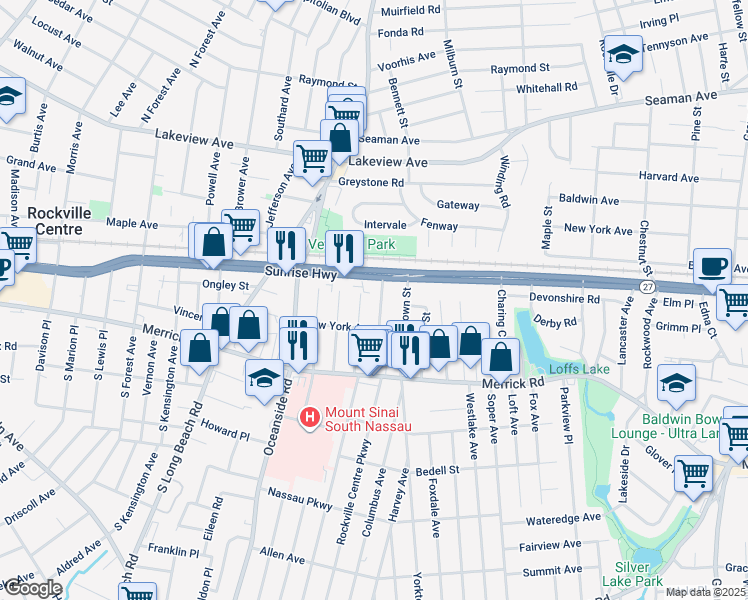 map of restaurants, bars, coffee shops, grocery stores, and more near 66 Concord Street in Rockville Centre