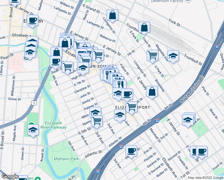 map of restaurants, bars, coffee shops, grocery stores, and more near 606 Elizabeth Avenue in Elizabeth