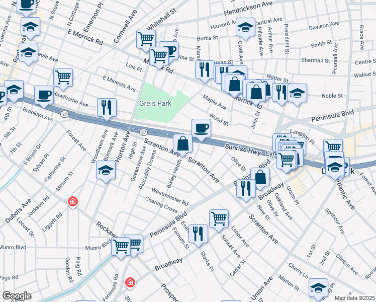 map of restaurants, bars, coffee shops, grocery stores, and more near 11 Bixley Heath in Lynbrook