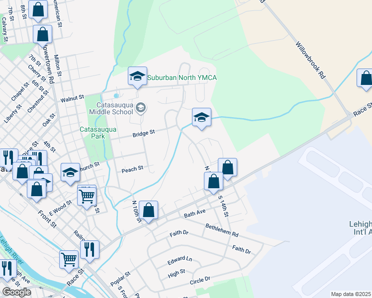map of restaurants, bars, coffee shops, grocery stores, and more near 234 Ashton Court in Catasauqua