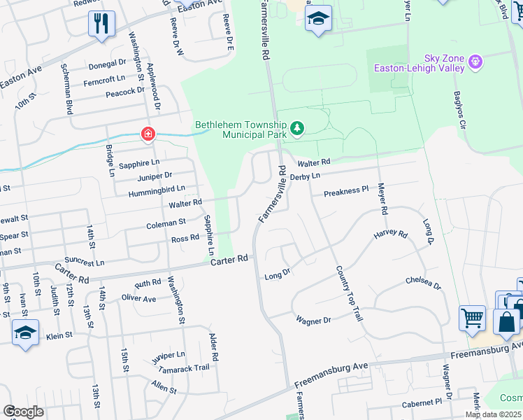 map of restaurants, bars, coffee shops, grocery stores, and more near 2729 Farmersville Road in Bethlehem