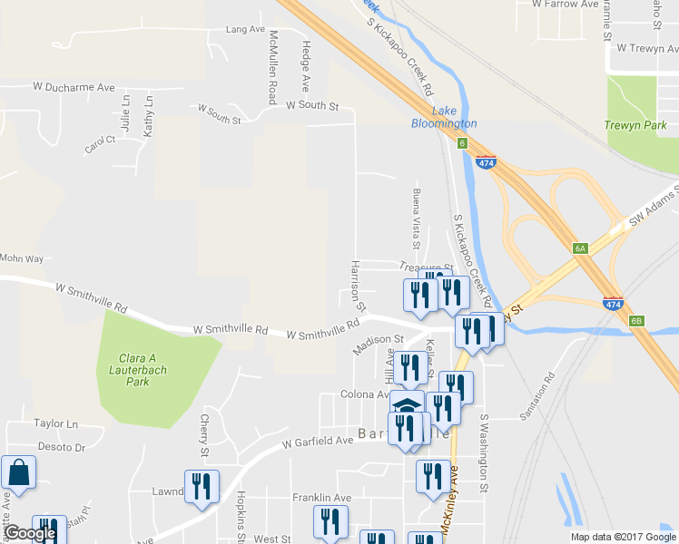 map of restaurants, bars, coffee shops, grocery stores, and more near 111 Harrison Street in Bartonville