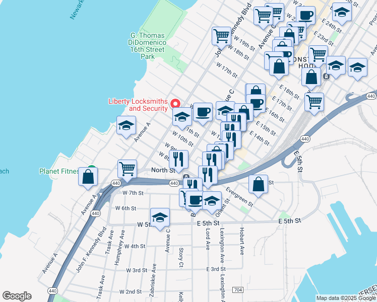 map of restaurants, bars, coffee shops, grocery stores, and more near 257 Avenue C in Bayonne