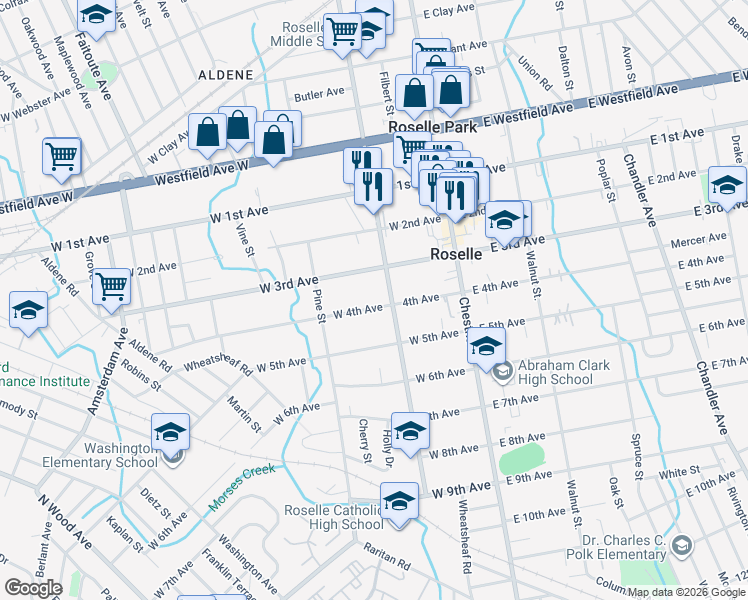 map of restaurants, bars, coffee shops, grocery stores, and more near 212 West 4th Avenue in Roselle