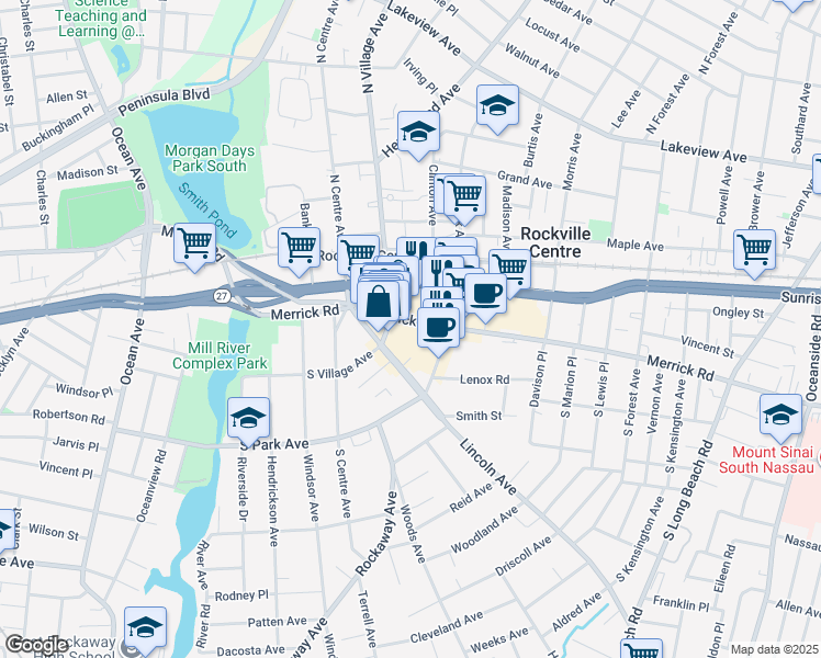 map of restaurants, bars, coffee shops, grocery stores, and more near 242 Merrick Road in Rockville Centre