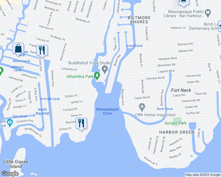 map of restaurants, bars, coffee shops, grocery stores, and more near 5 Beach Road in Massapequa