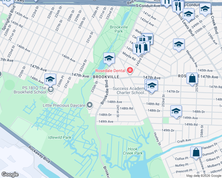 map of restaurants, bars, coffee shops, grocery stores, and more near 239-06 147th Road in Queens