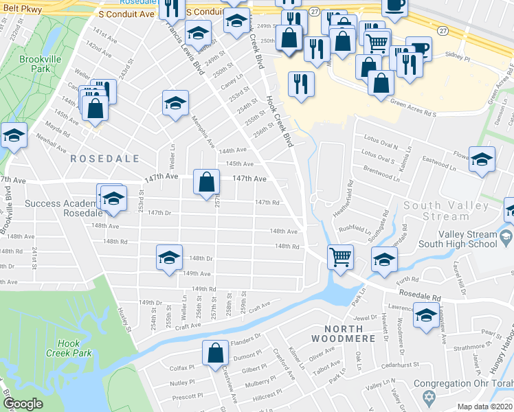 map of restaurants, bars, coffee shops, grocery stores, and more near 259-04 147th Road in Queens
