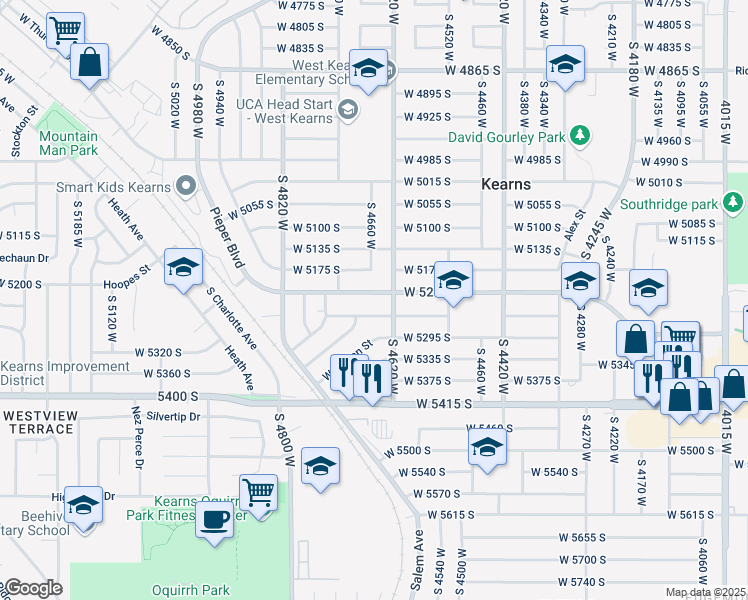 map of restaurants, bars, coffee shops, grocery stores, and more near 4657 West 5215 South in Kearns