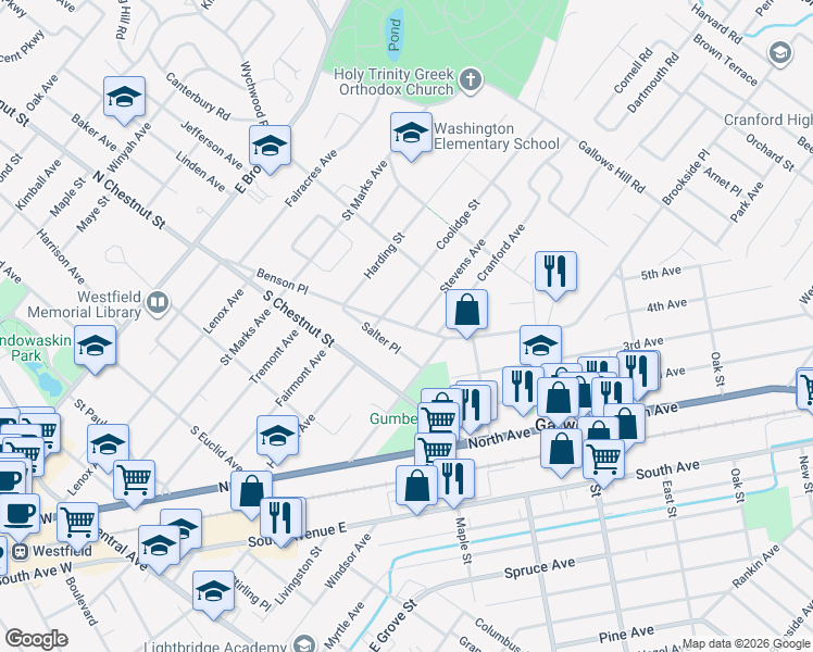 map of restaurants, bars, coffee shops, grocery stores, and more near 612 Benson Place in Westfield