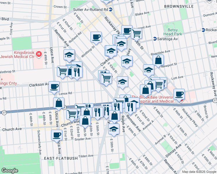 map of restaurants, bars, coffee shops, grocery stores, and more near 405 Remsen Avenue in Brooklyn