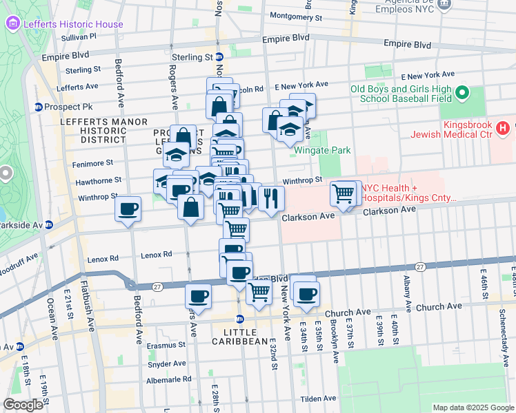 map of restaurants, bars, coffee shops, grocery stores, and more near 760 Parkside Avenue in Brooklyn