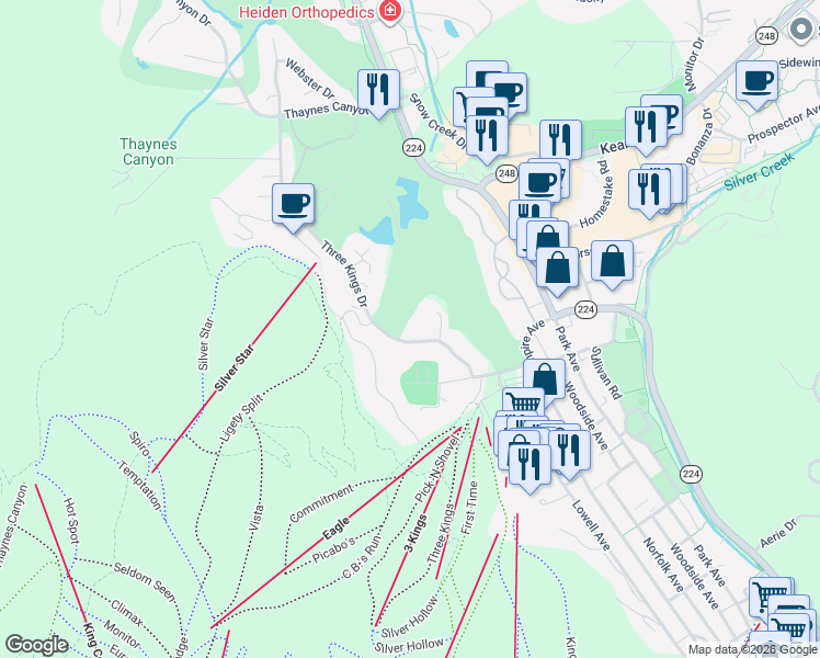 map of restaurants, bars, coffee shops, grocery stores, and more near 1540 Three Kings Drive in Park City