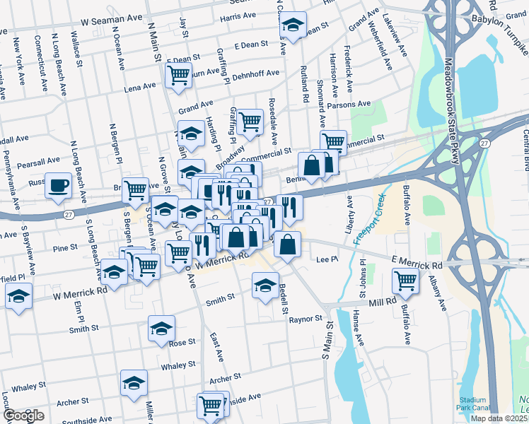 map of restaurants, bars, coffee shops, grocery stores, and more near 44 Newton Boulevard in Freeport