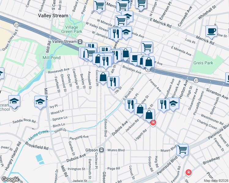 map of restaurants, bars, coffee shops, grocery stores, and more near 12 7th Street in Valley Stream