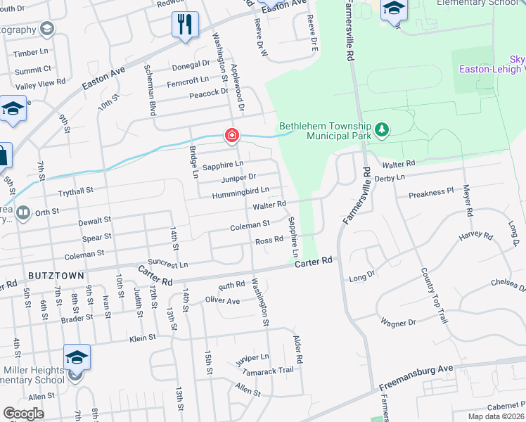 map of restaurants, bars, coffee shops, grocery stores, and more near 4130 Walter Road in Bethlehem