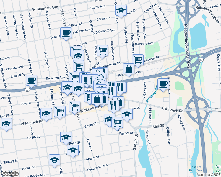 map of restaurants, bars, coffee shops, grocery stores, and more near 44 Newton Boulevard in Freeport