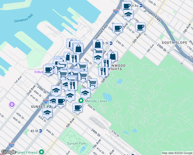 map of restaurants, bars, coffee shops, grocery stores, and more near 181 32nd Street in Brooklyn