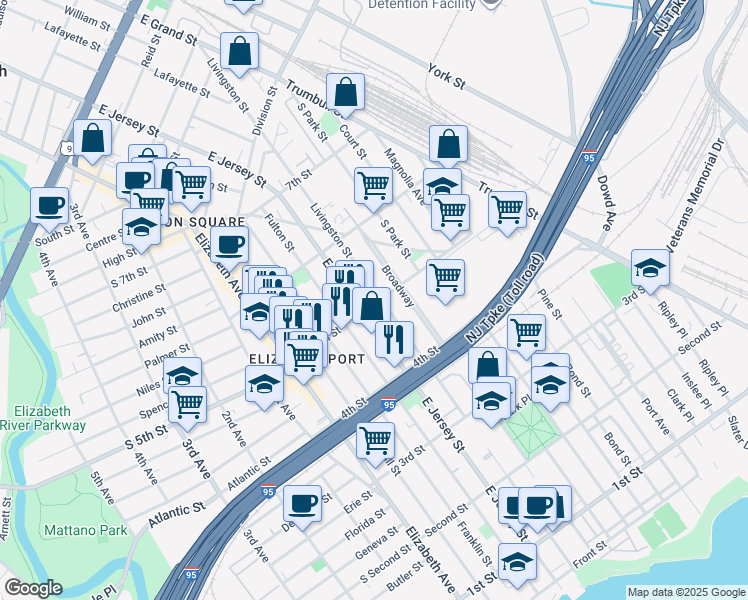 map of restaurants, bars, coffee shops, grocery stores, and more near in Elizabeth