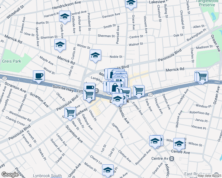 map of restaurants, bars, coffee shops, grocery stores, and more near 44 Broadway in Lynbrook