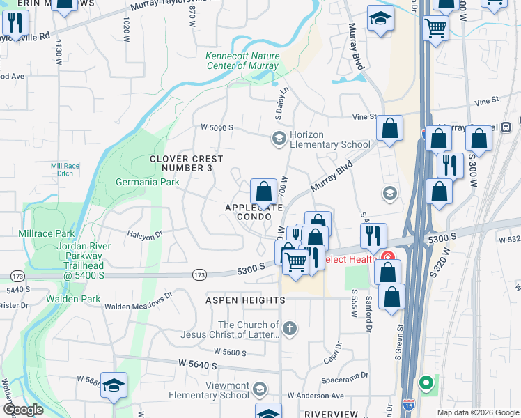 map of restaurants, bars, coffee shops, grocery stores, and more near 5265 South Rome Beauty Park in Murray