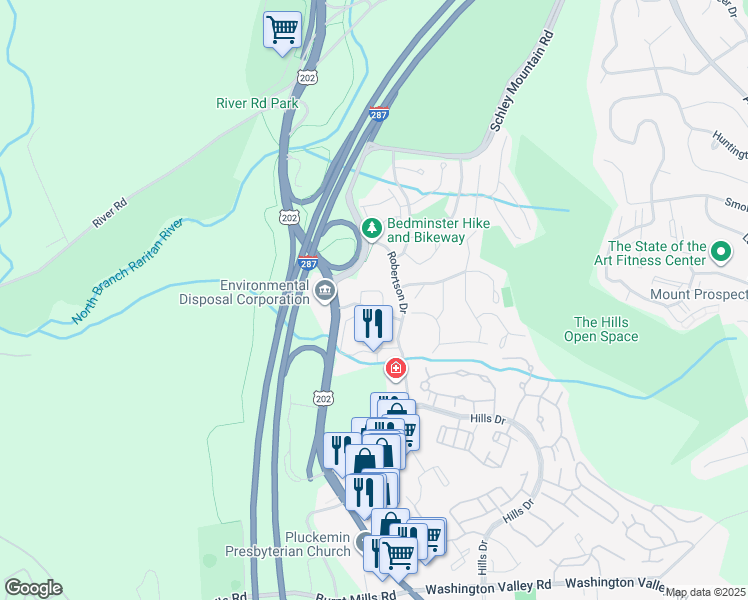 map of restaurants, bars, coffee shops, grocery stores, and more near 84 Wescott Road in Bedminster