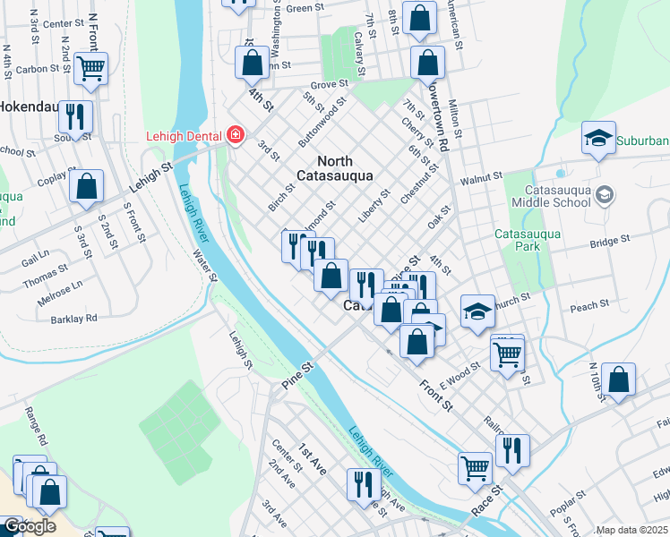 map of restaurants, bars, coffee shops, grocery stores, and more near 118 Chestnut Street in Catasauqua
