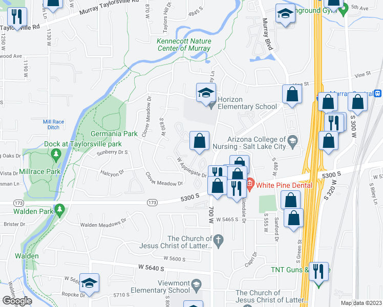 map of restaurants, bars, coffee shops, grocery stores, and more near 770 West Applegate Drive in Murray