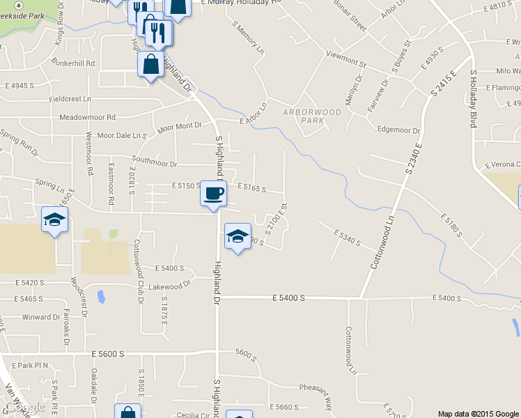 map of restaurants, bars, coffee shops, grocery stores, and more near 2049 Normandywoods Court in Holladay