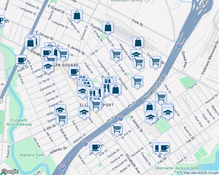 map of restaurants, bars, coffee shops, grocery stores, and more near 517 Fulton Street in Elizabeth